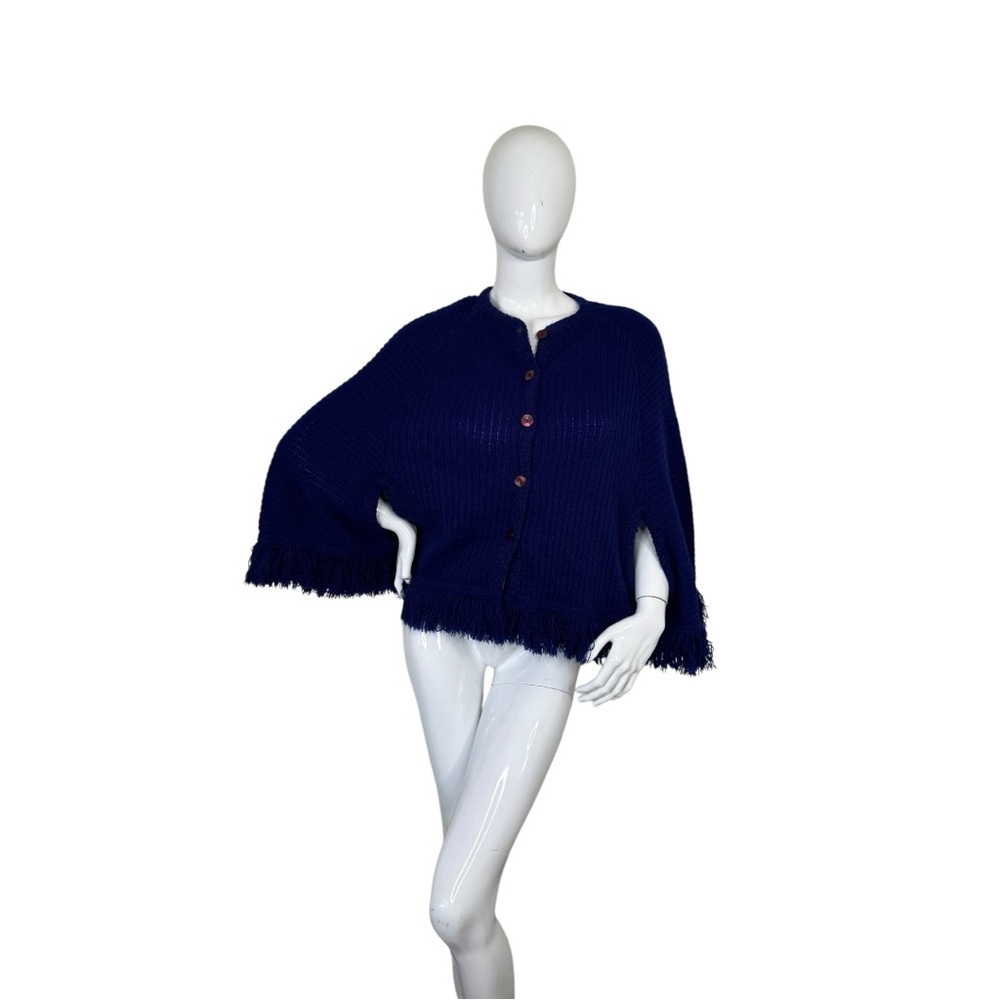 Lane Bryant vintage knit sweater top Navy Royal cape Women's Poncho Fringe plus - Picture 5 of 17